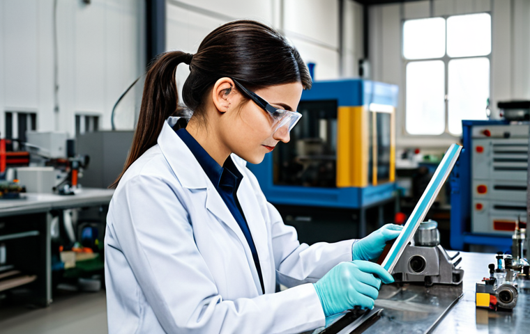 금형설계 자격증 시험 합격률 높이는 팁 - **Subject:** A skilled female mechanical engineer in a clean, modern workshop, examining a complex i...