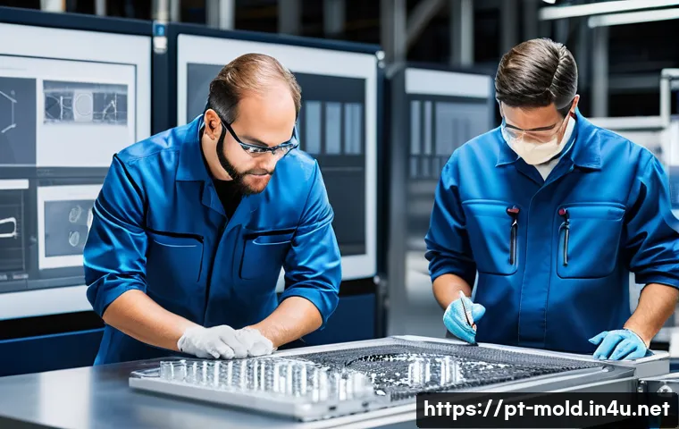 금형설계기능사 필수 이론 정리 - A highly detailed industrial scene showcasing a precision mold design workshop focused on mold compo...