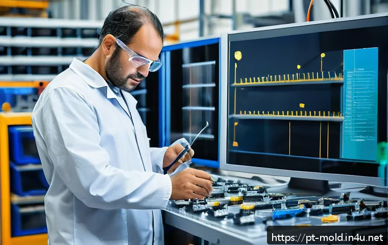 금형설계기능사 온라인 강의 추천 - A professional Brazilian engineer in a modern industrial workshop, wearing safety glasses and protec...