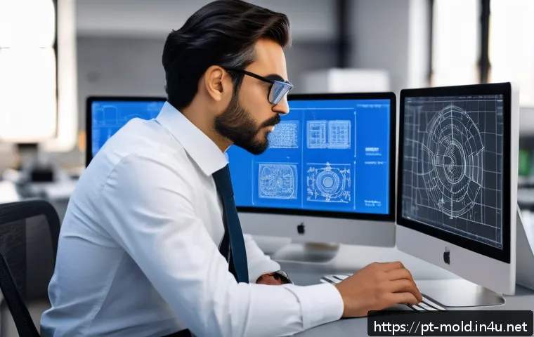 금형설계와 CAD 활용 방법 - A detailed digital workspace showing a professional CAD engineer designing a precision mold on a hig...