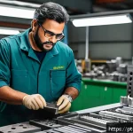 금형설계 직무에서 성장하는 방법 - A highly detailed industrial workshop scene showing a Brazilian mold design engineer at workbench su...