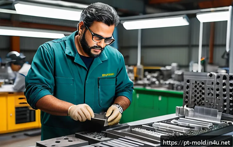 금형설계 직무에서 성장하는 방법 - A highly detailed industrial workshop scene showing a Brazilian mold design engineer at workbench su...
